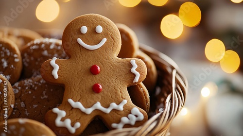 A gingerbread man sitting in a basket of freshly baked cookies, with holiday lights twinkling softly in the background and a hint of snow outside