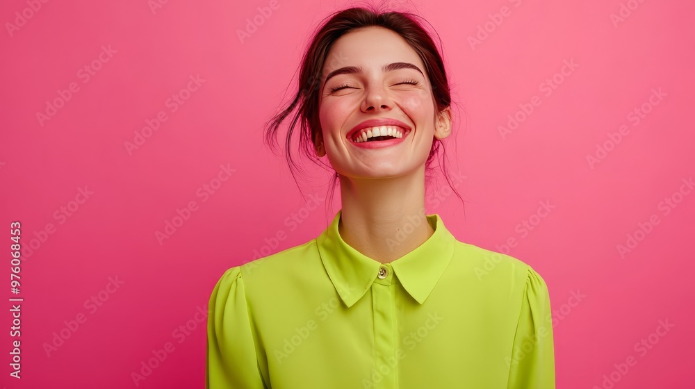 Young woman with bright smile wearing green shirt against pink background. Young woman with bright smile wearing green shirt against pink background.