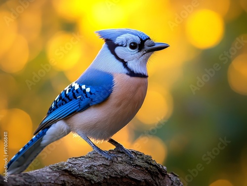 A Blue Jay is perched gracefully on a branch, emphasizing its elegant and detailed plumage against a vibrant bokeh background, capturing nature's beauty and grace.