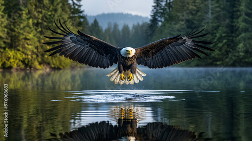 Majestic Bald Eagle Soaring Over a Lake photo