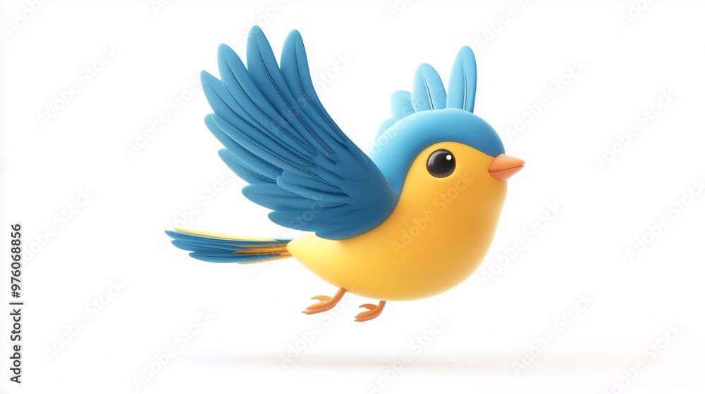 Naklejka premium Cute blue and yellow bird cartoon character flying, simple vector graphic on a white background