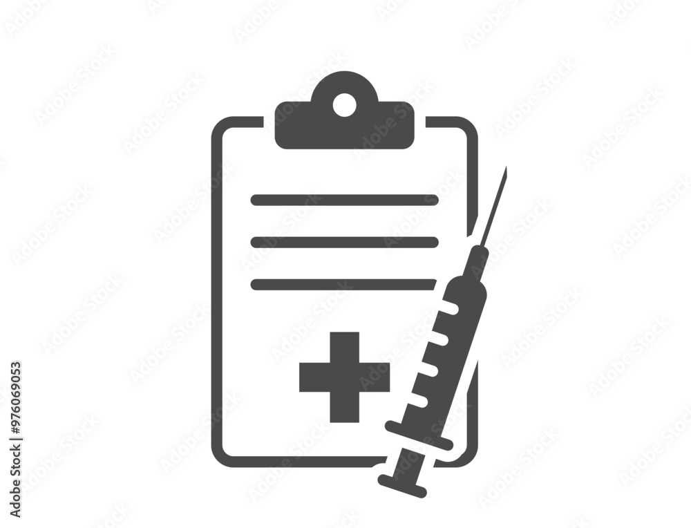Patient report card icon. Medical history and syringe. Isolated vector image in simple style Patient report card icon. Medical history and syringe. Isolated vector image in simple style