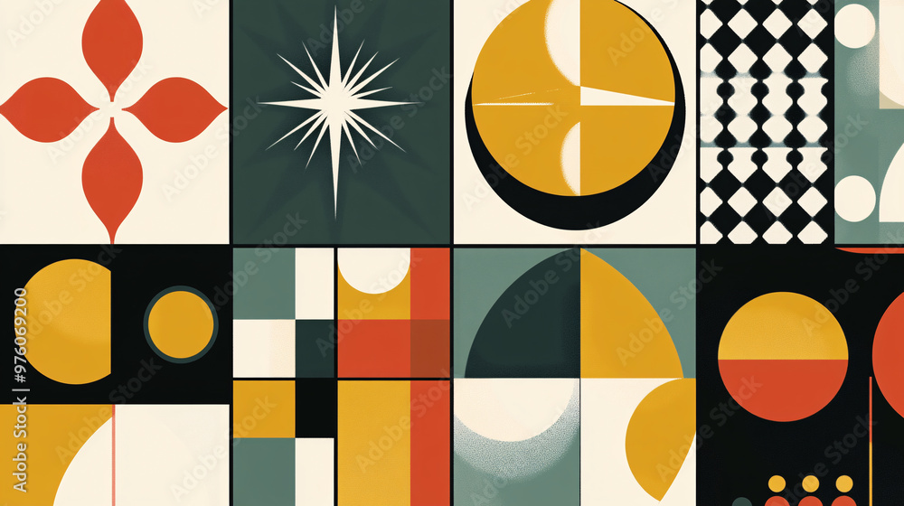 Fototapeta premium Modern Geometric Pattern in Yellow, Red and Teal