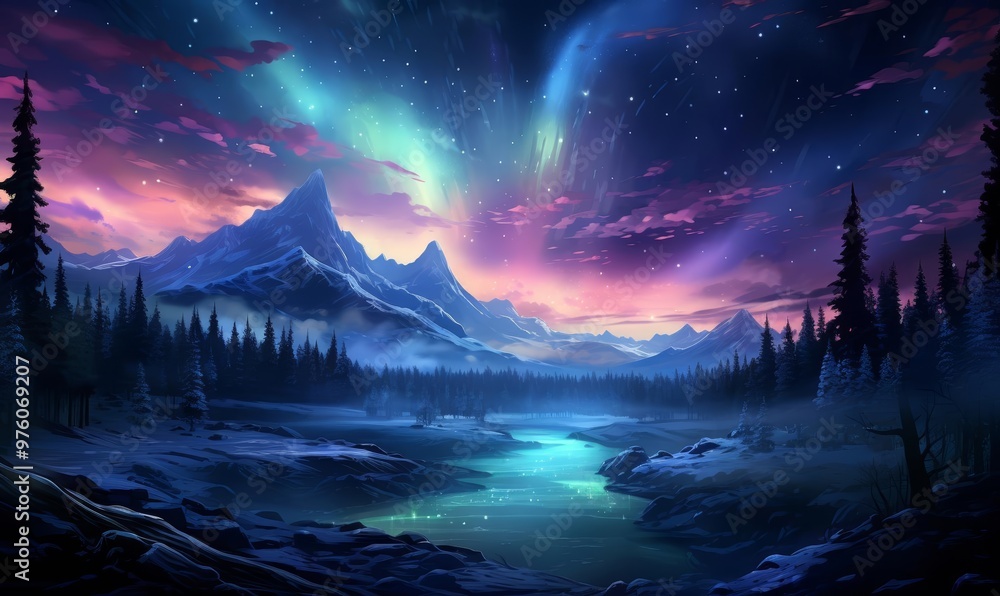 A magical illustration of a night sky with a blue aurora A magical illustration of a night sky with a blue aurora