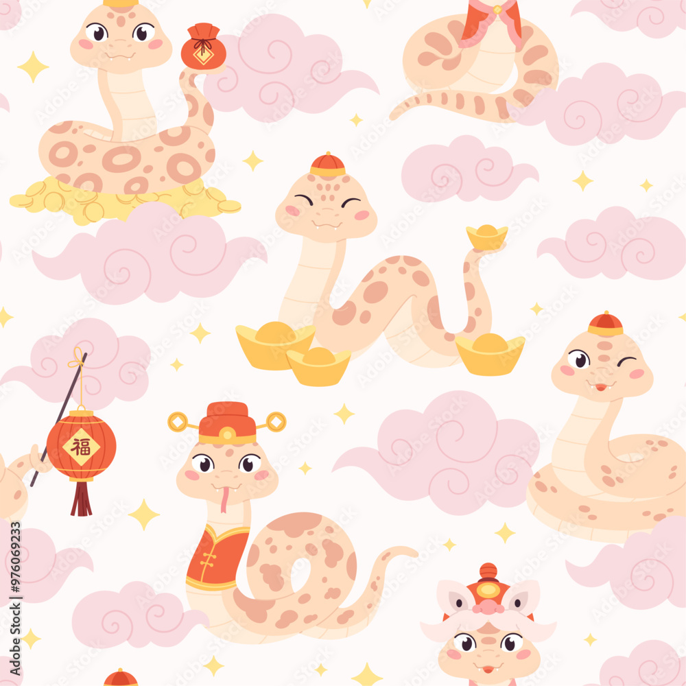Snakes seamless pattern. Cartoon snake with chinese traditional symbols and lantern. Asian new year, lucky and wealth, racy vector background Snakes seamless pattern. Cartoon snake with chinese traditional symbols and lantern. Asian new year, lucky and wealth, racy vector background