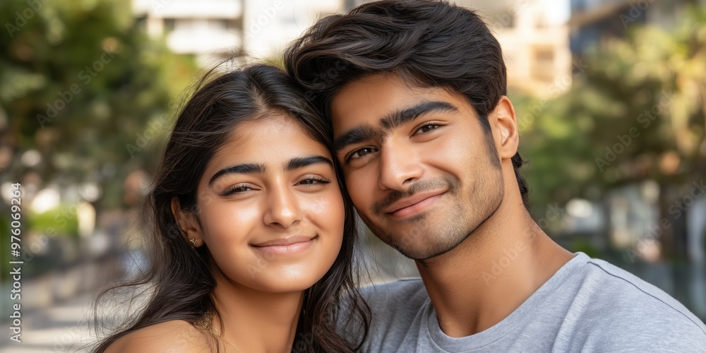 A close-up portrait of a young Indian or Pakistani couple wearing casual t-shirts, with a blurred background. A close-up portrait of a young Indian or Pakistani couple wearing casual t-shirts, with a blurred background.