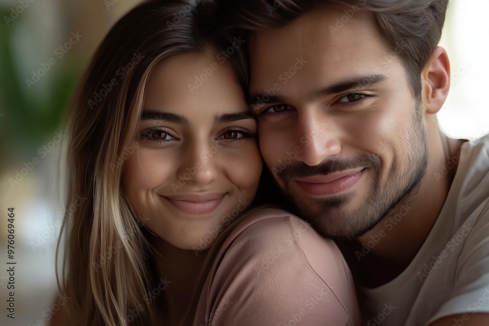 A close-up portrait of a young Indian or Pakistani couple wearing casual t-shirts, with a blurred background. A close-up portrait of a young Indian or Pakistani couple wearing casual t-shirts, with a blurred background.