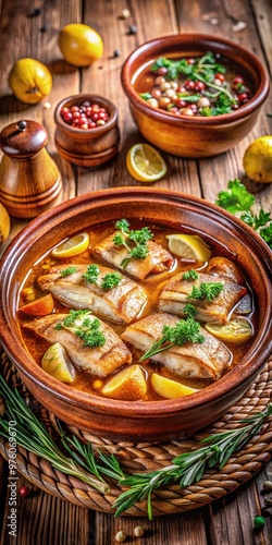 Delicious peixada with fresh fish fillets simmered in a home-style sauce. Generative AI