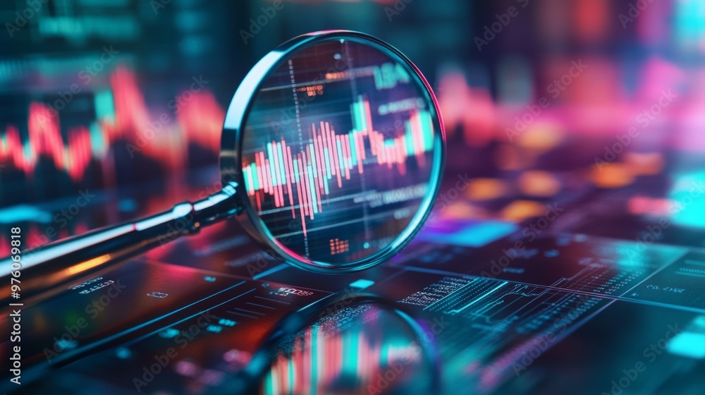 A close-up view of a magnifying glass focusing on financial charts and graphs on a desk. A close-up view of a magnifying glass focusing on financial charts and graphs on a desk.
