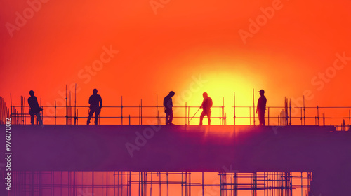 Construction workers in silhouette labor on a steel structure as the sun sets, casting a stunning red and yellow glow across the skyline