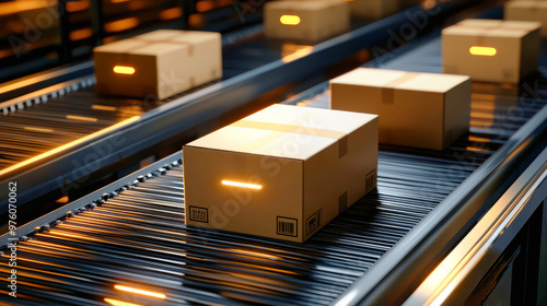 Parcels are meticulously sorted on a sleek conveyor belt against a dark backdrop, highlighting the efficiency of a warehouse operation