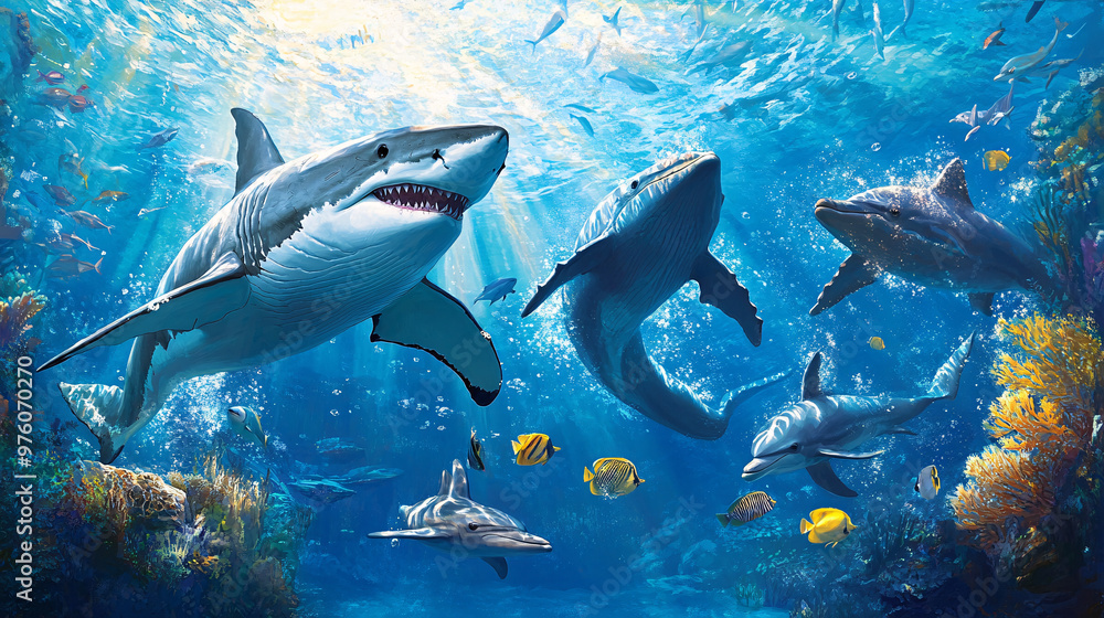 Fototapeta premium Underwater Adventure with Sharks and Dolphins