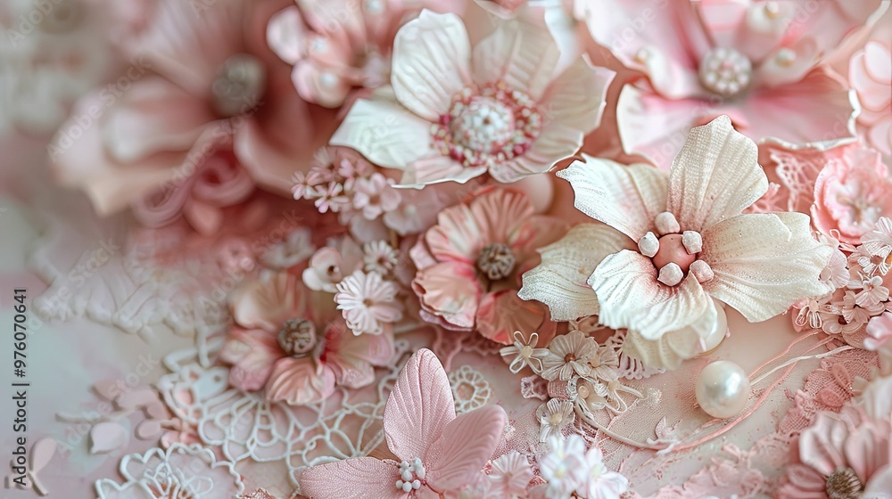 Delicate Pink Flowers with Pearl Accents and Lace Detail Delicate Pink Flowers with Pearl Accents and Lace Detail