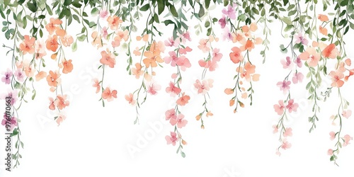 This watercolor illustration showcases a vibrant array of spring flowers, forming a charming border that contrasts with the crisp white background, creating a visually appealing scene