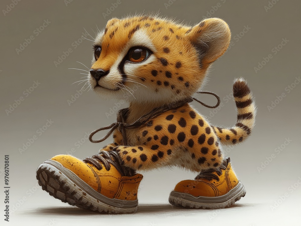 A charming and whimsical image of a baby cheetah cub wearing oversized yellow boots, embodying playful innocence and curiosity, set against a simple backdrop. A charming and whimsical image of a baby cheetah cub wearing oversized yellow boots, embodying playful innocence and curiosity, set against a simple backdrop.