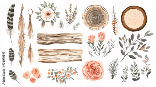 Watercolor Boho Floral & Wood Elements Clipart