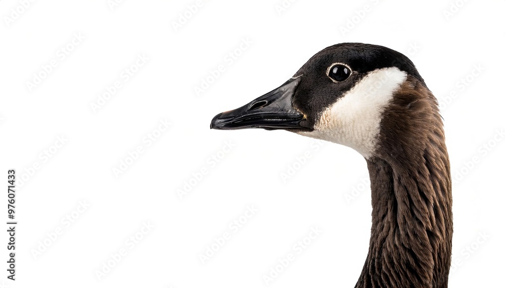 Canada goose - Branta canadensis - is a large wild goose with a black head and neck, white cheeks, white under its chin, and a brown body. Isolated on white background with copy space. Head closeup Canada goose - Branta canadensis - is a large wild goose with a black head and neck, white cheeks, white under its chin, and a brown body. Isolated on white background with copy space. Head closeup
