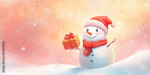 Wallpaper Mural A cute snowman wearing a red hat and scarf, holding a gift box in its hand Torontodigital.ca