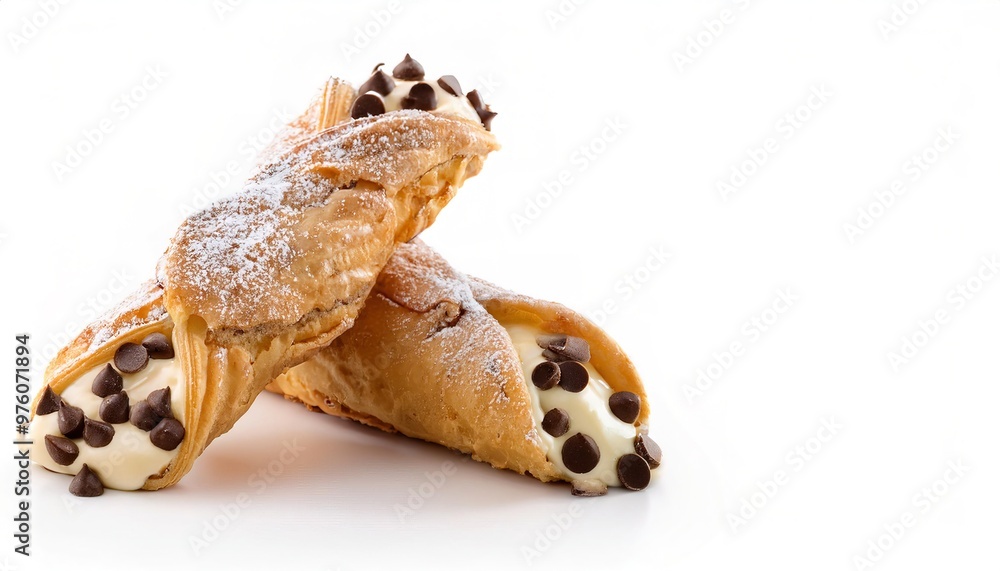 Cannoli is a Sicilian pastry consisting of a tube shaped shell of fried pastry dough, filled with a sweet, creamy filling containing ricotta cheese edges rolled in chocolate chips. Isolated on white Cannoli is a Sicilian pastry consisting of a tube shaped shell of fried pastry dough, filled with a sweet, creamy filling containing ricotta cheese edges rolled in chocolate chips. Isolated on white