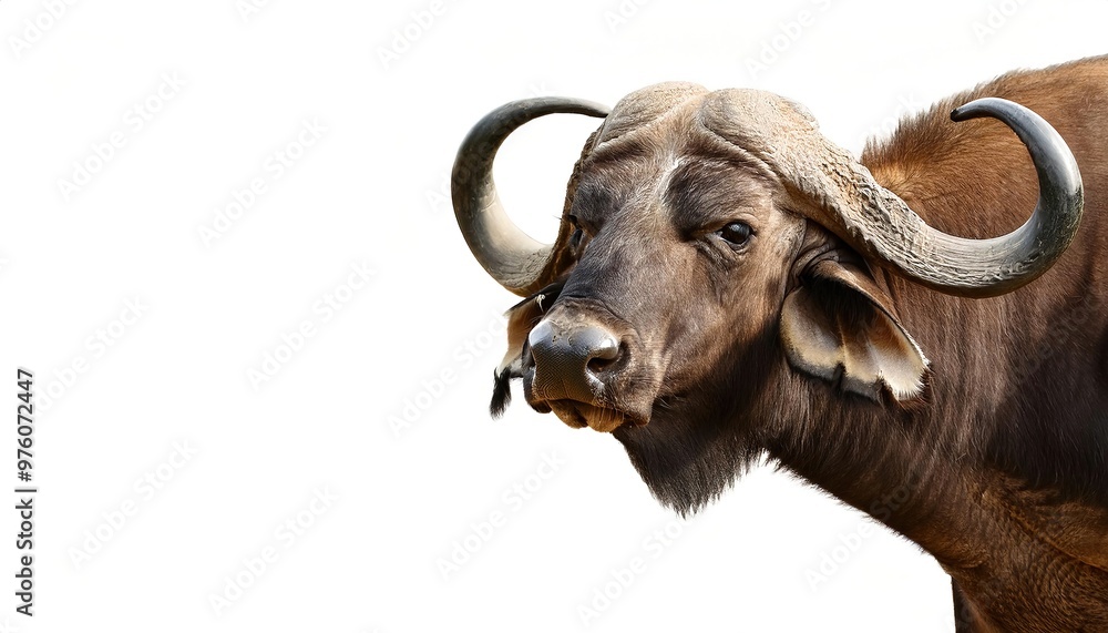 Naklejka premium African cape buffalo - Syncerus caffer - a large Saharan bovine that have fused bases, forming a continuous bone shield across the top of the head, referred to as a boss. Isolated on white background