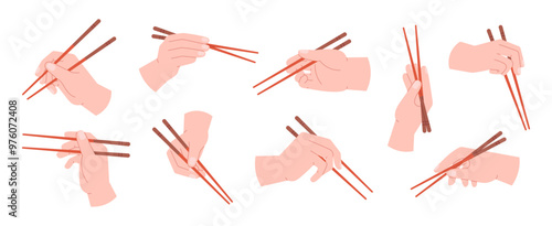 Hand hold chopsticks different positions. Asian style eating with chopstick. Chinese japanese korean vietnam utensils in human hands, racy vector set