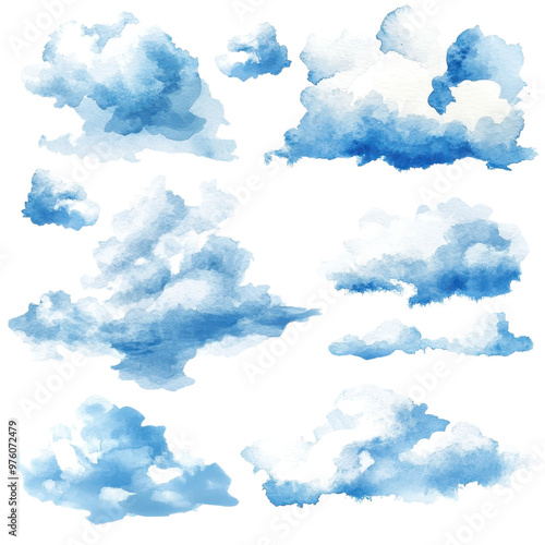 A collection of watercolor clouds in various shapes, perfect for backgrounds, designs, and artistic projects, isolated on a transparent background.