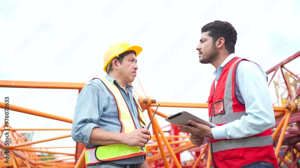 Construction engineers team are discussing together at the heavy construction site. Construction engineers team are discussing together at the heavy construction site.