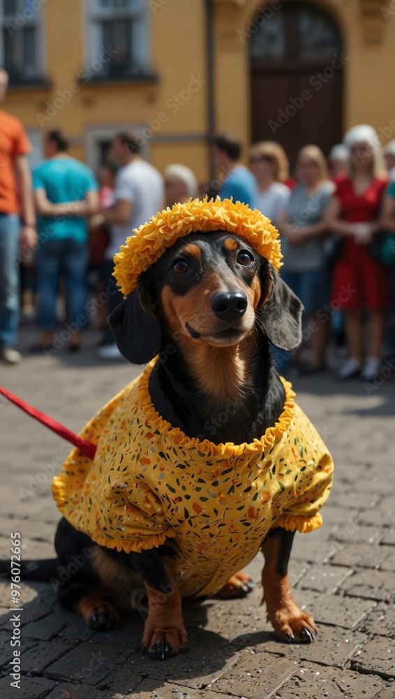 Dachshund in an old lady costume at a parade in St. Petersburg. Dachshund in an old lady costume at a parade in St. Petersburg.