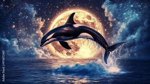 A majestic orca leaps through the air, silhouetted against a luminous full moon and a starry sky.