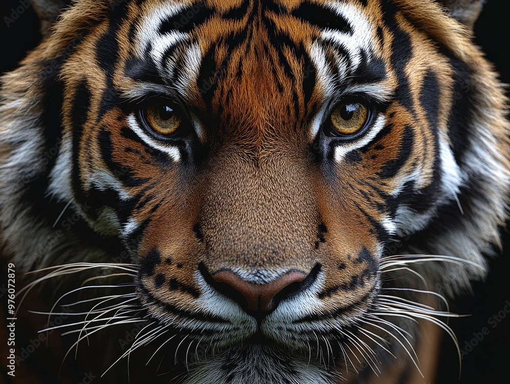 Fototapeta premium A striking and detailed close-up image of a tiger's face, emphasizing its penetrating eyes and vibrant stripes, illustrating its intense focus and wild nature.