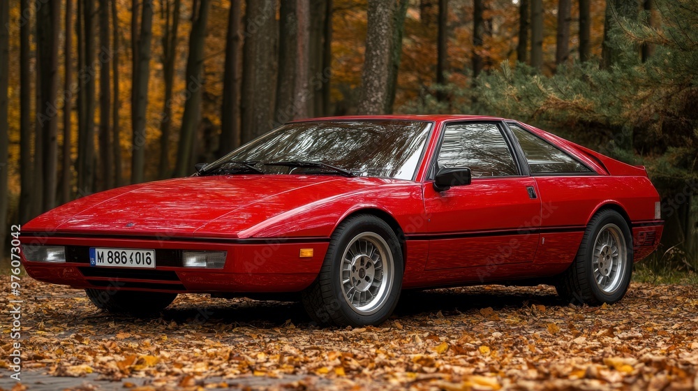 Bright Red Sports Car From the 1980s Parked Among Fallen Leaves in a Forest Setting Bright Red Sports Car From the 1980s Parked Among Fallen Leaves in a Forest Setting