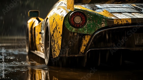 Muddy Racing Car Parked in a Rain-Soaked Environment During a Motorsport Event photo