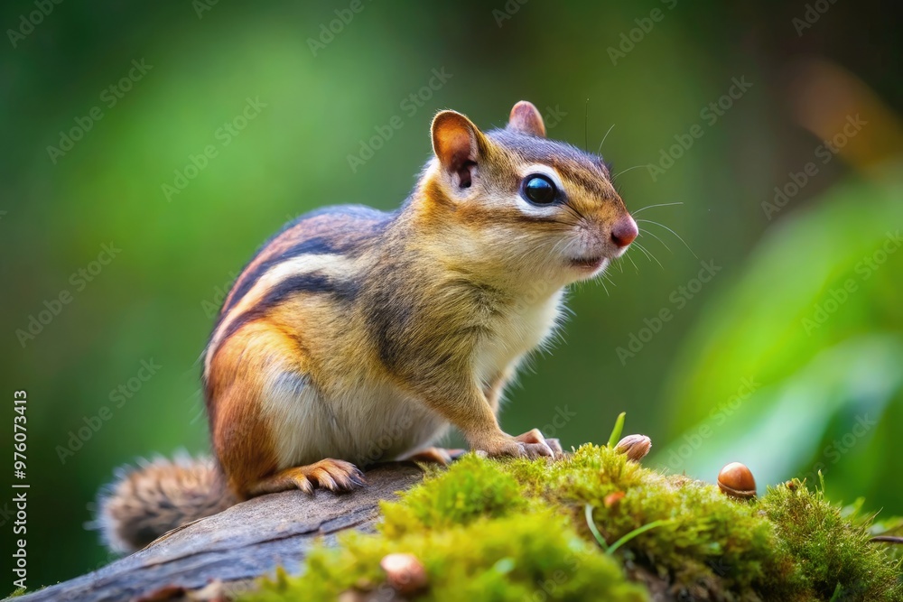 A chipmunk perched on a mossy log, gathering nuts in a lush forest during daytime. Generative AI A chipmunk perched on a mossy log, gathering nuts in a lush forest during daytime. Generative AI