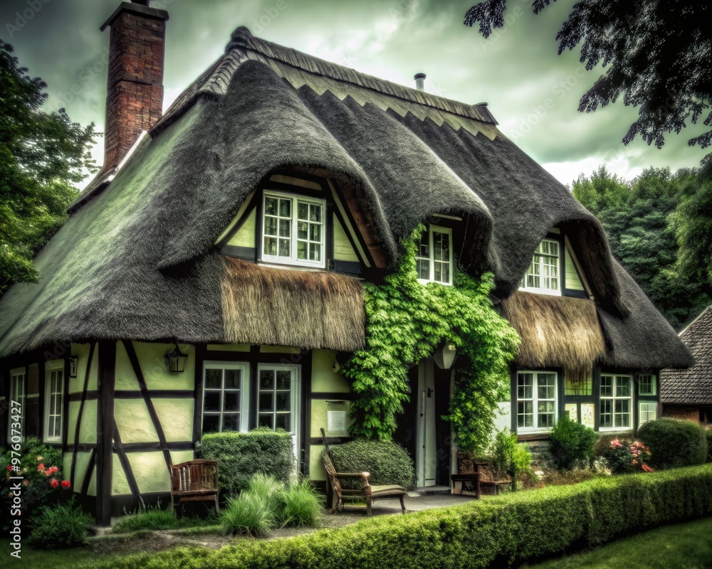 Charming thatched house with lush greenery in a tranquil rural setting. Generative AI Charming thatched house with lush greenery in a tranquil rural setting. Generative AI