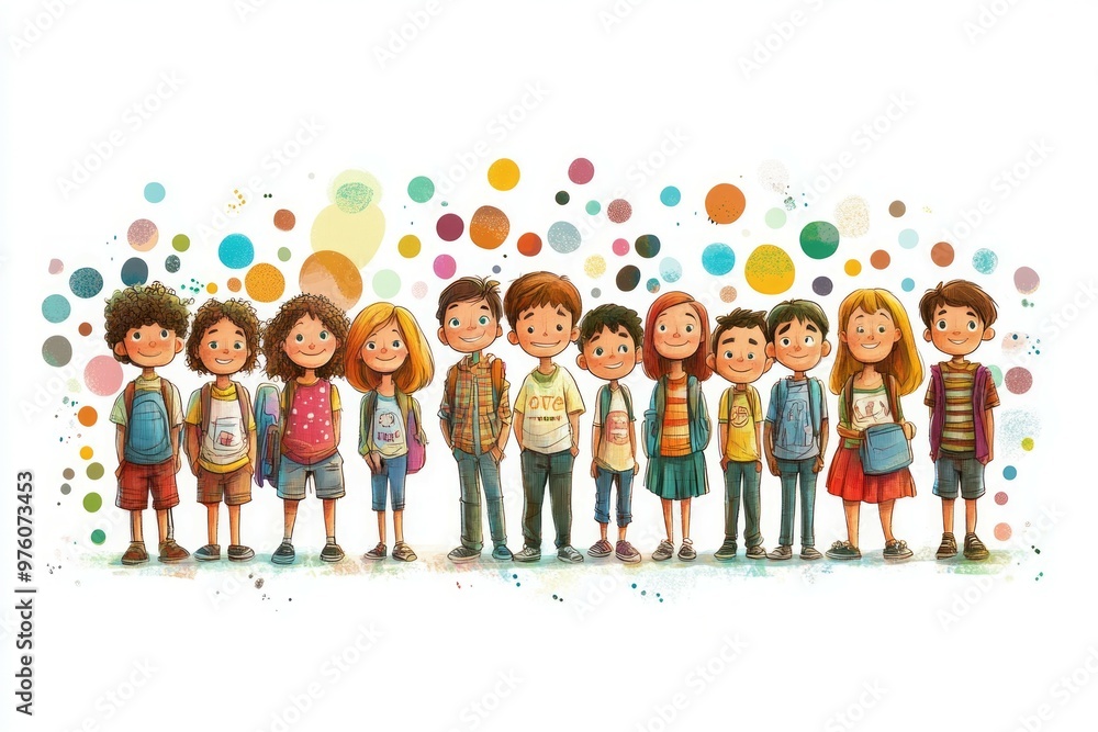 Obraz premium A group of cool school kids, boys and girls, around 9 years.. pastel tones on white background