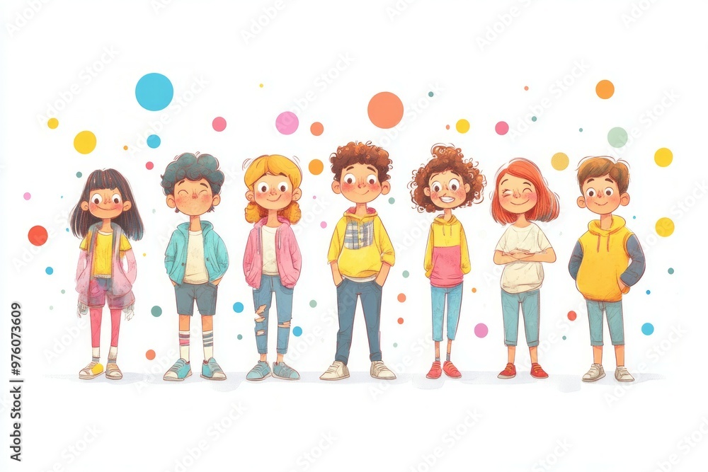Fototapeta premium A group of cool school kids, boys and girls, around 9 years.. pastel tones on white background