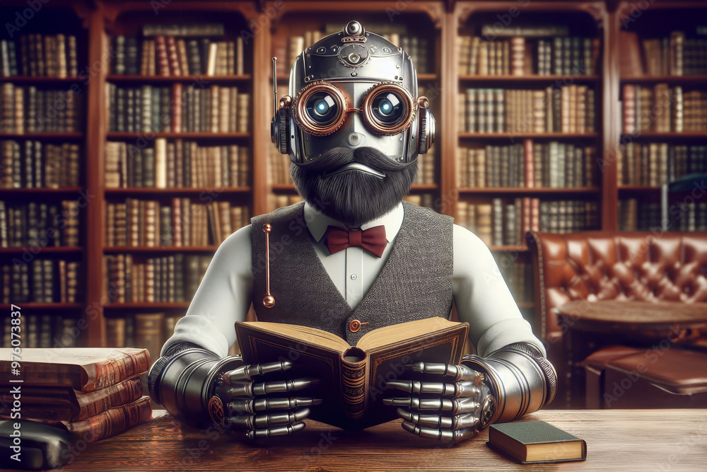 The robot librarian at work reads a book and searches for the necessary information in the library. The robot librarian at work reads a book and searches for the necessary information in the library.