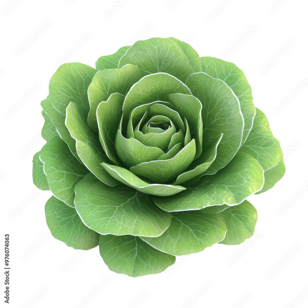 Obraz premium A fresh, vibrant green lettuce close-up, showcasing its delicate leaves and intricate texture, perfect for food-related themes., isolated on a transparent background.