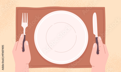 Man and white plate. Person wait food, breakfast lunch dinner time. Hands holding knife and fork and empty bowl. Human eating racy vector background