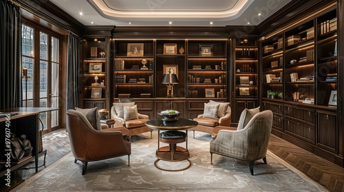 Luxurious Library with Dark Wood Paneling, Bookshelves, and Comfortable Armchairs photo