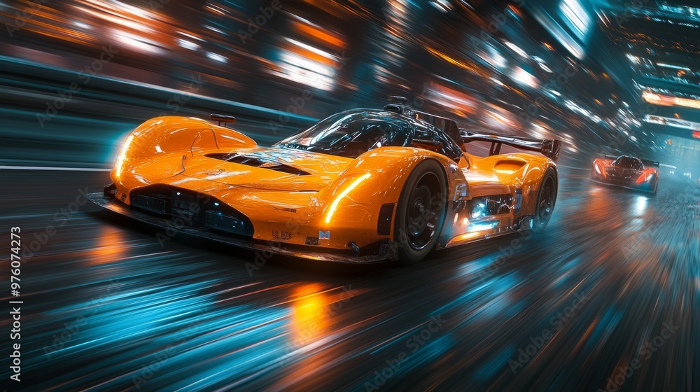 A high-speed race car on a futuristic, motion blur capturing A high-speed race car on a futuristic, motion blur capturing