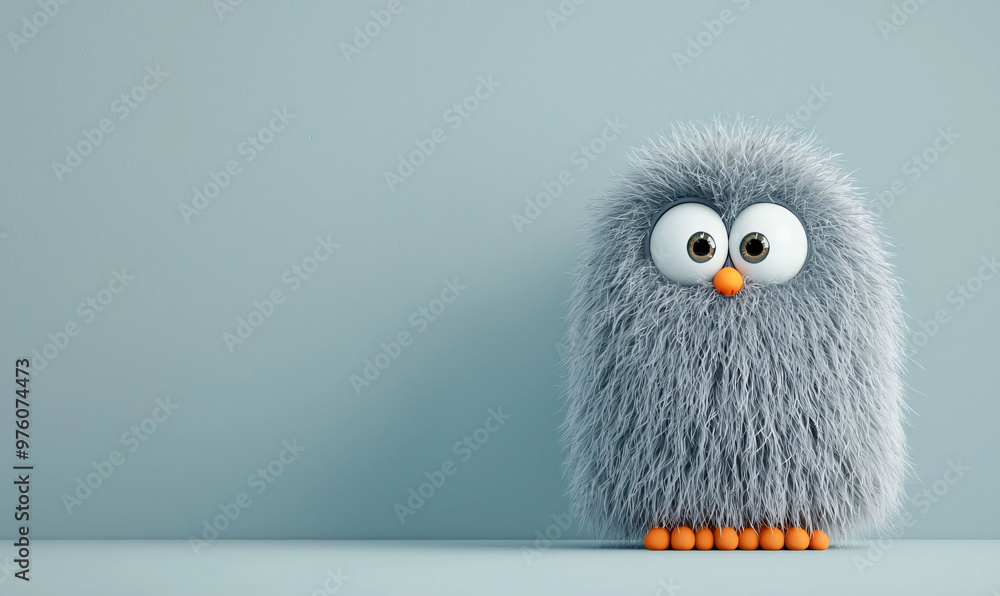 Obraz premium Fluffy and big eyed, this furry monster stands in surprise against soft blue background, showcasing its adorable features and vibrant orange feet
