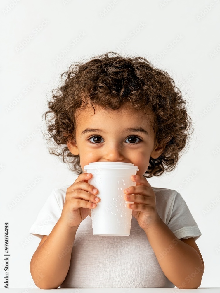 A happy toddler with curly brown hair smiles as they drink from a white plastic cup. This image symbolizes childhood, joy, happiness, hydration, and nourishment. A happy toddler with curly brown hair smiles as they drink from a white plastic cup. This image symbolizes childhood, joy, happiness, hydration, and nourishment.