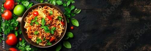 A hearty plate of spaghetti bolognese with fresh basil, tomatoes, and parsley, set against a rustic wooden background.