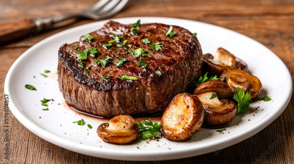 A juicy steak cooked to perfection, topped with sauteed mushrooms and fresh parsley. This meal is packed with flavor and nutrients, perfect for a satisfying and healthy dinner. A juicy steak cooked to perfection, topped with sauteed mushrooms and fresh parsley. This meal is packed with flavor and nutrients, perfect for a satisfying and healthy dinner.