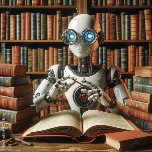 The robot librarian at work reads a book and searches for the necessary information in the library.