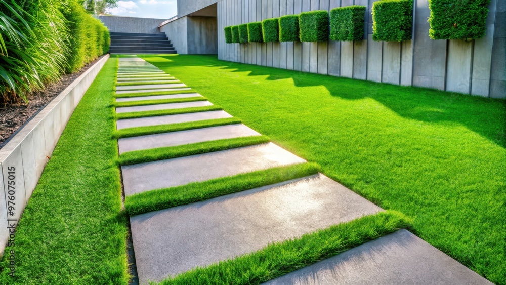 Artificial green grass walkway with concrete plates background for modern landscaping design Artificial green grass walkway with concrete plates background for modern landscaping design