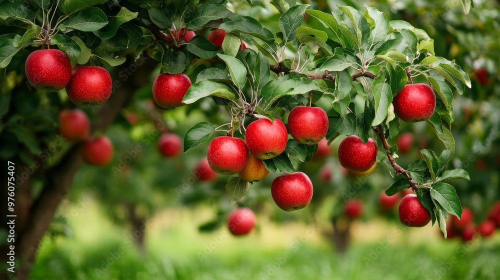 A lush apple tree laden with ripe red apples, symbolizing abundance, harvest, nature's bounty, freshness, and healthy eating. A lush apple tree laden with ripe red apples, symbolizing abundance, harvest, nature's bounty, freshness, and healthy eating.