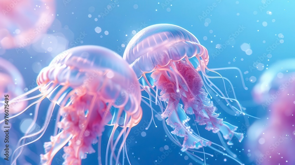 Two pink jellyfish swim gracefully in a blue ocean. Two pink jellyfish swim gracefully in a blue ocean.