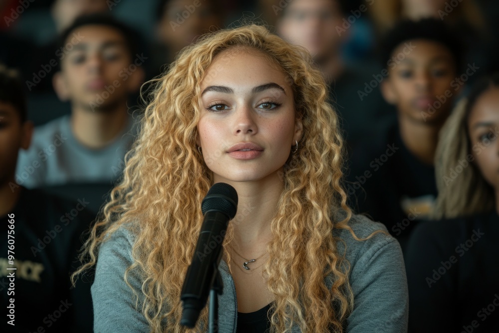 an elegant woman speaking at a microphone an elegant woman speaking at a microphone